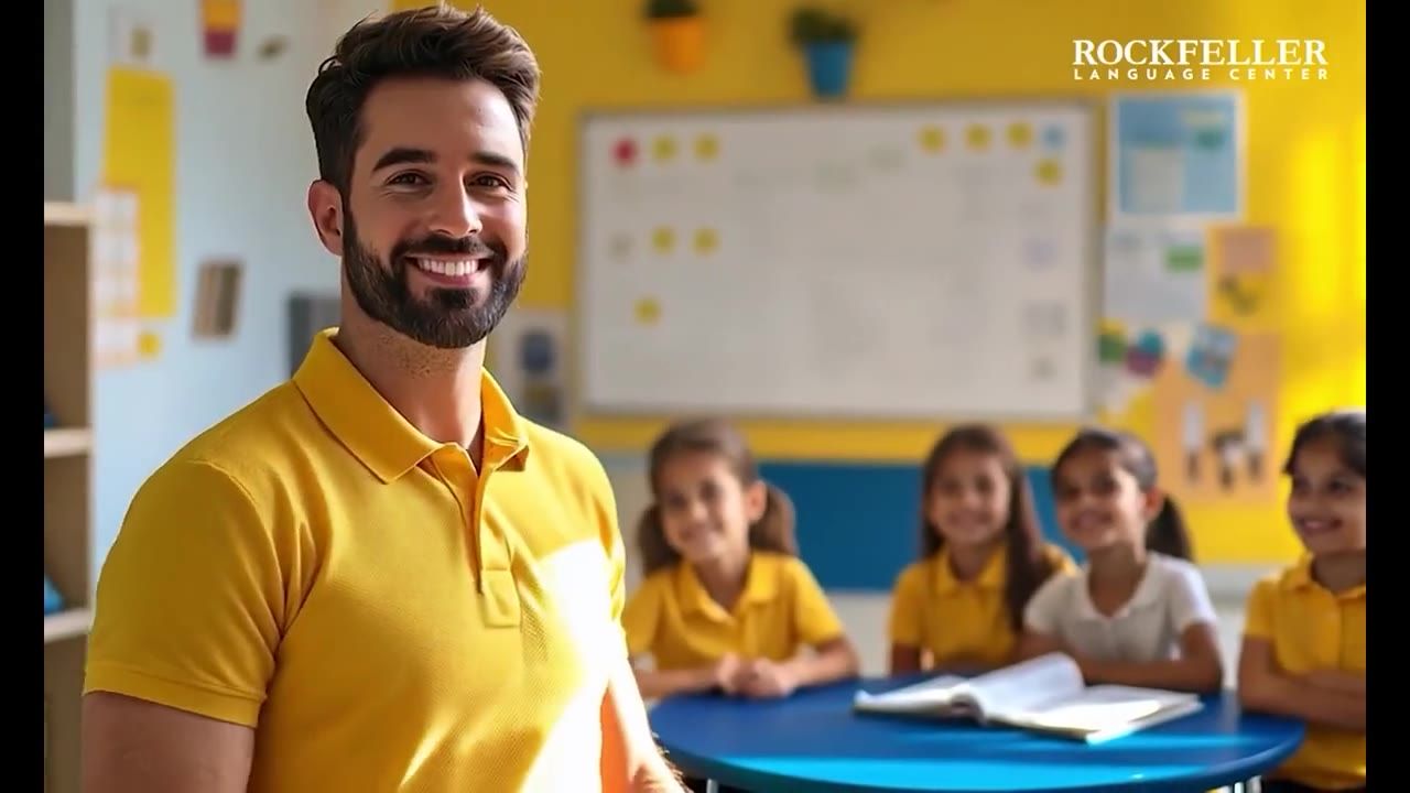 Professor da Rockfeller sorrindo com alunos ao fundo, cena da campanha de 20 anos